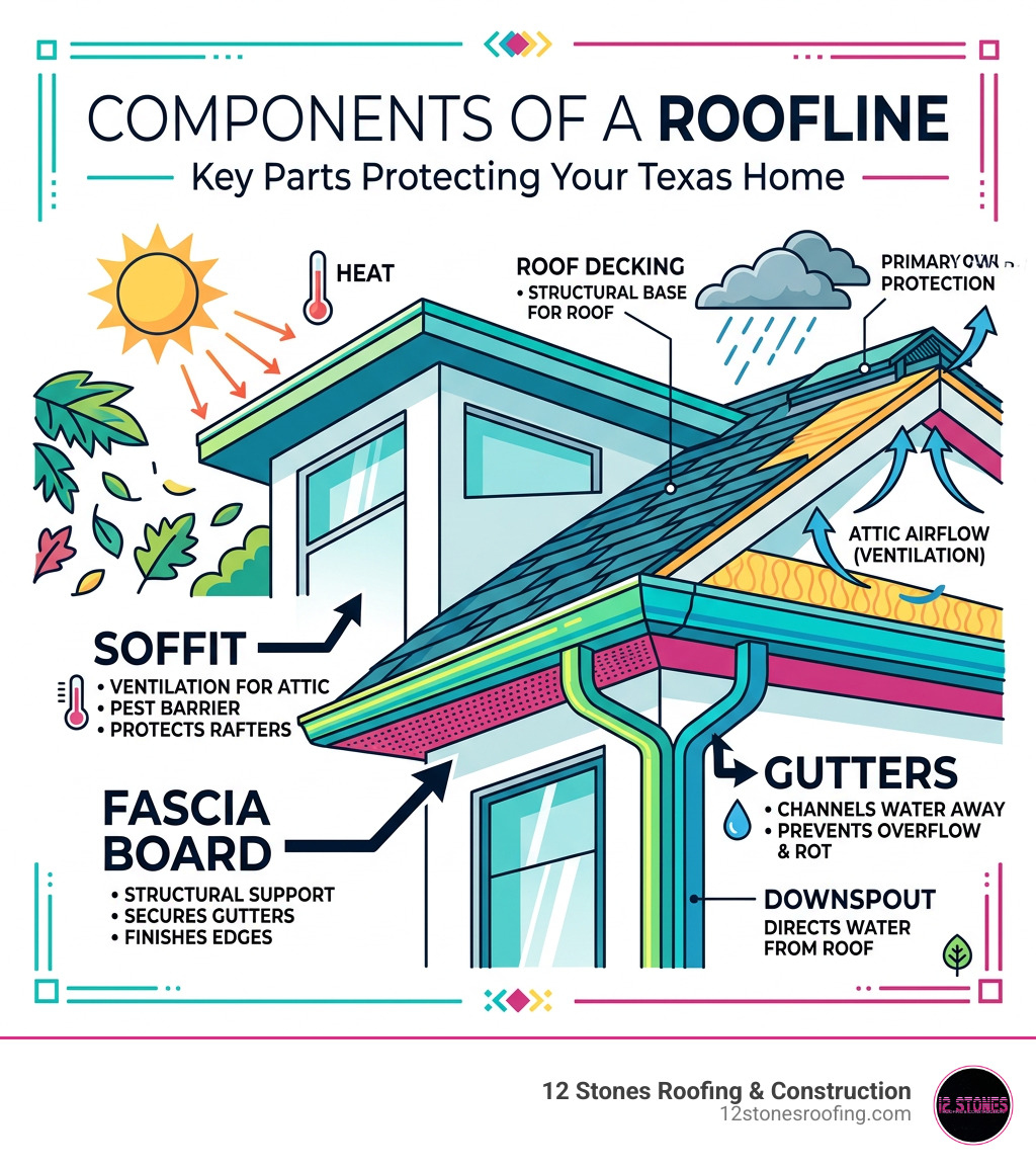 Infographic showing components of a roofline including soffit, fascia, and gutters with labels - Roof soffit replacement Infographic showing components of a roofline including soffit, fascia, and gutters with labels - Roof soffit replacement