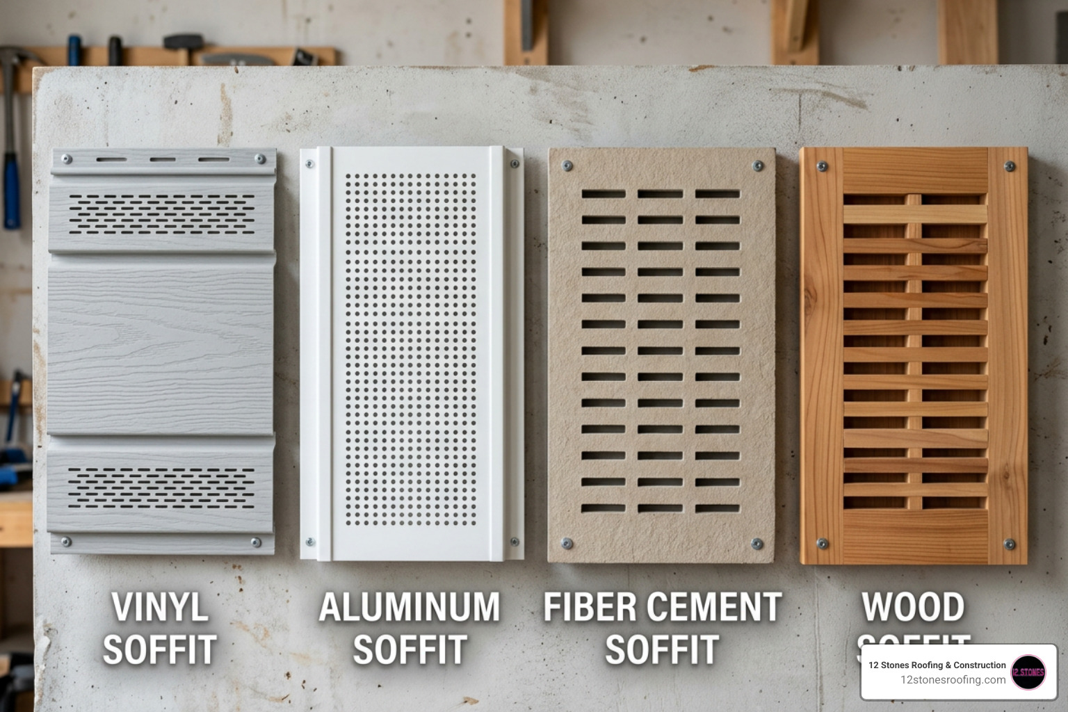 Graphic showing different soffit material textures and vent patterns - Roof soffit replacement Texas Graphic showing different soffit material textures and vent patterns - Roof soffit replacement Texas