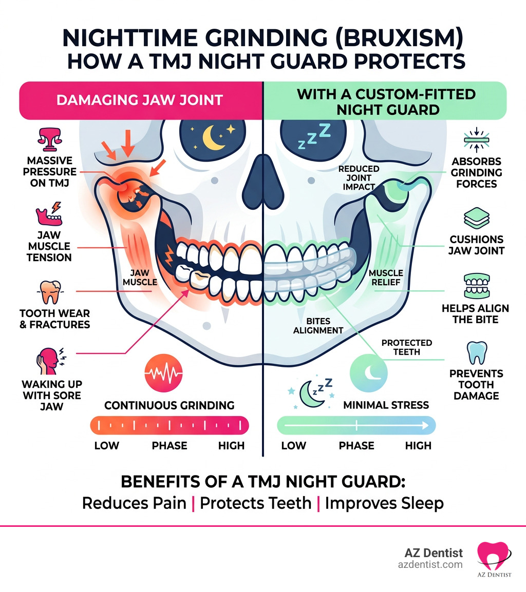 Infographic showing how nighttime grinding damages the jaw joint and how a TMJ night guard protects it - TMJ night guard Infographic showing how nighttime grinding damages the jaw joint and how a TMJ night guard protects it - TMJ night guard
