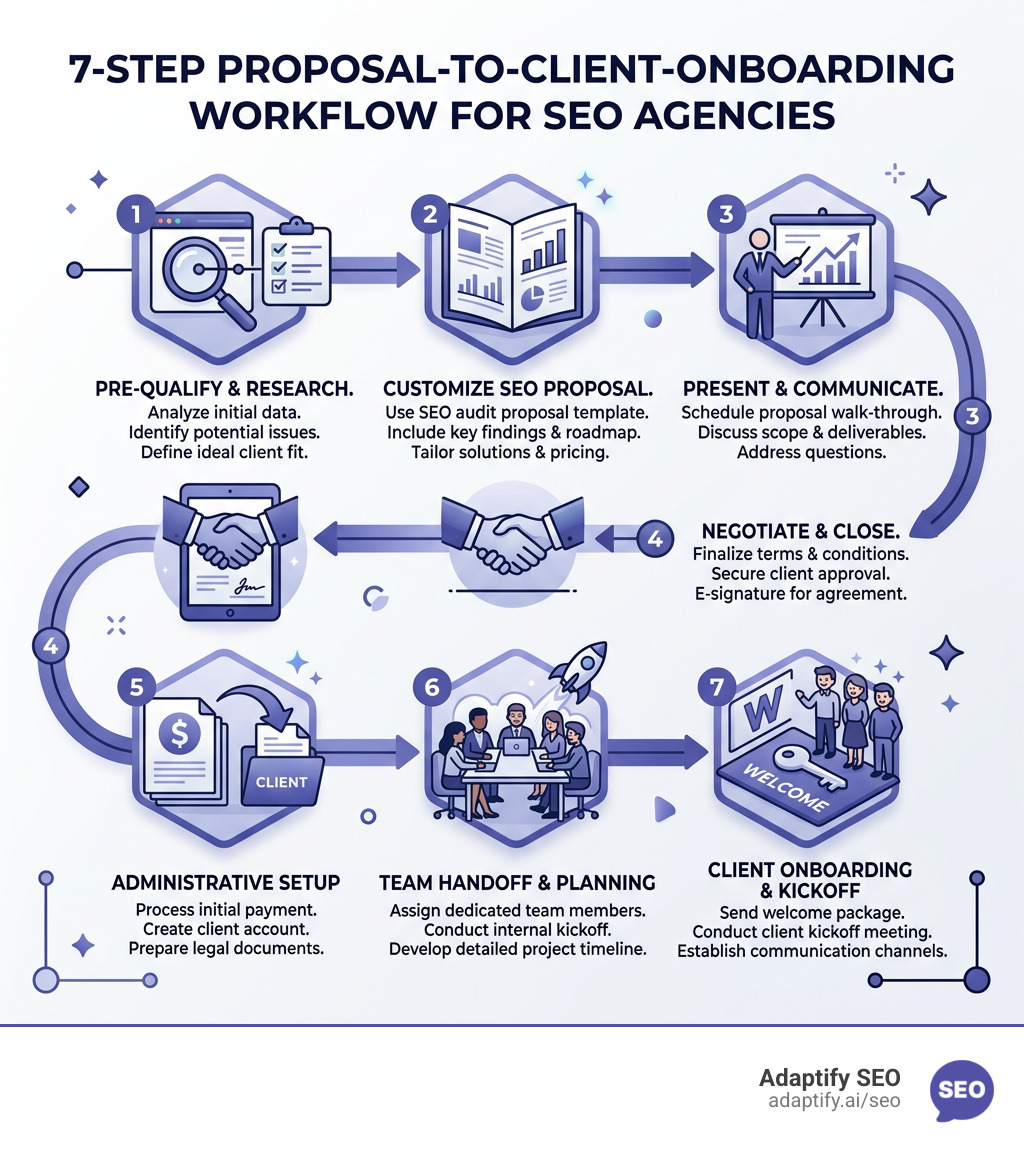 7-step proposal-to-client-onboarding workflow for SEO agencies - seo audit proposal template infographic 