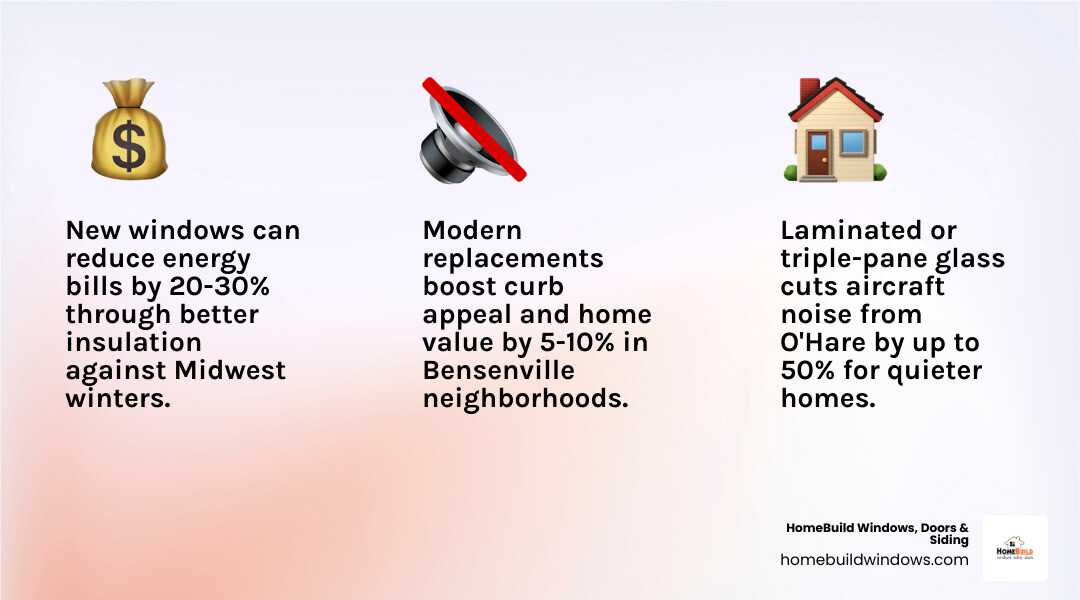 Infographic showing benefits of new window replacement for Bensenville homeowners including energy savings, noise reduction