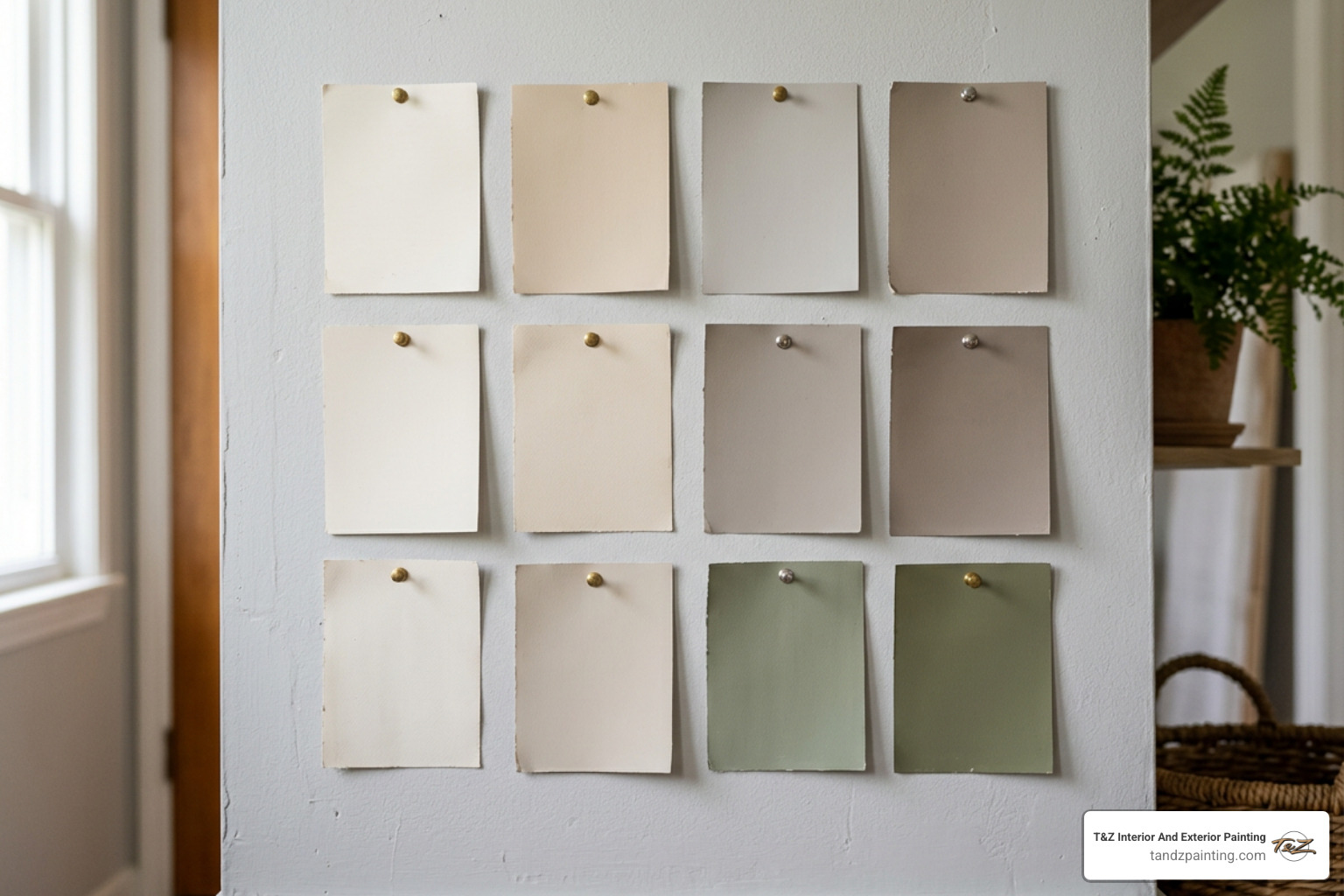 various paint swatches against a neutral wall showing different undertones - house designing paint