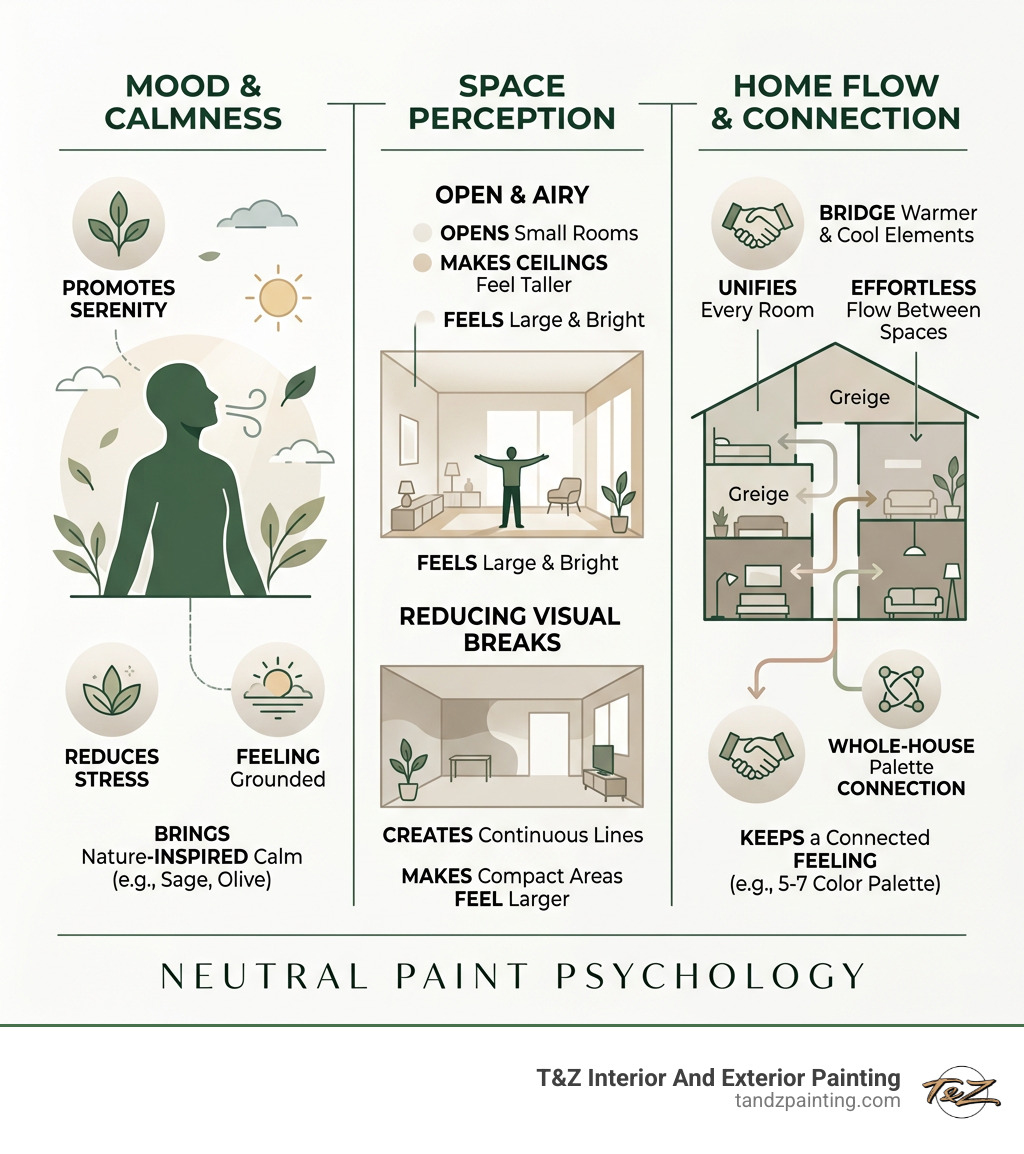 Infographic showing psychological impact of neutral paint tones on mood, space perception, and home flow - house designing