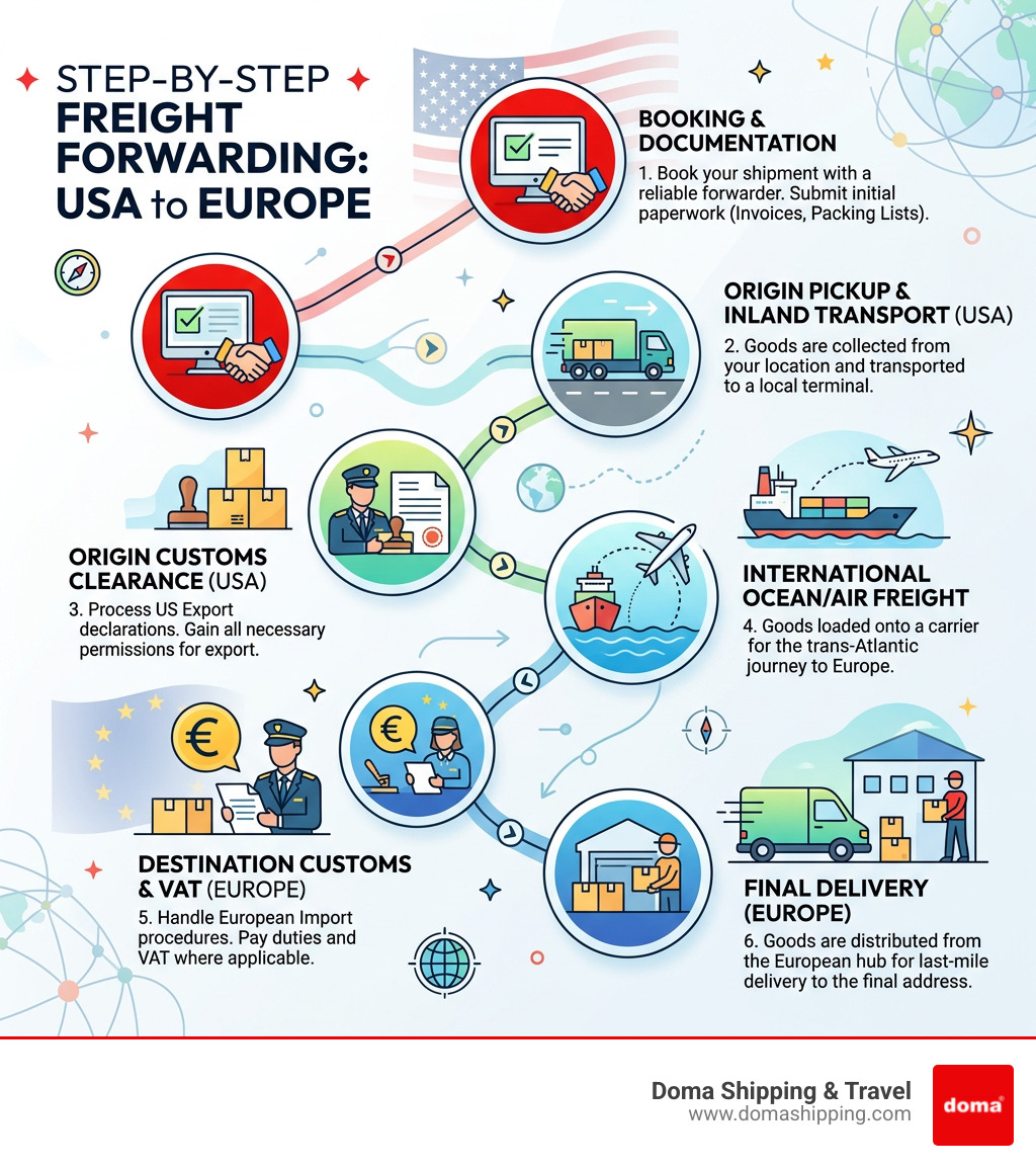 Step-by-step freight forwarding process from USA to Europe infographic - reliable freight forwarder infographic Step-by-step freight forwarding process from USA to Europe infographic - reliable freight forwarder infographic