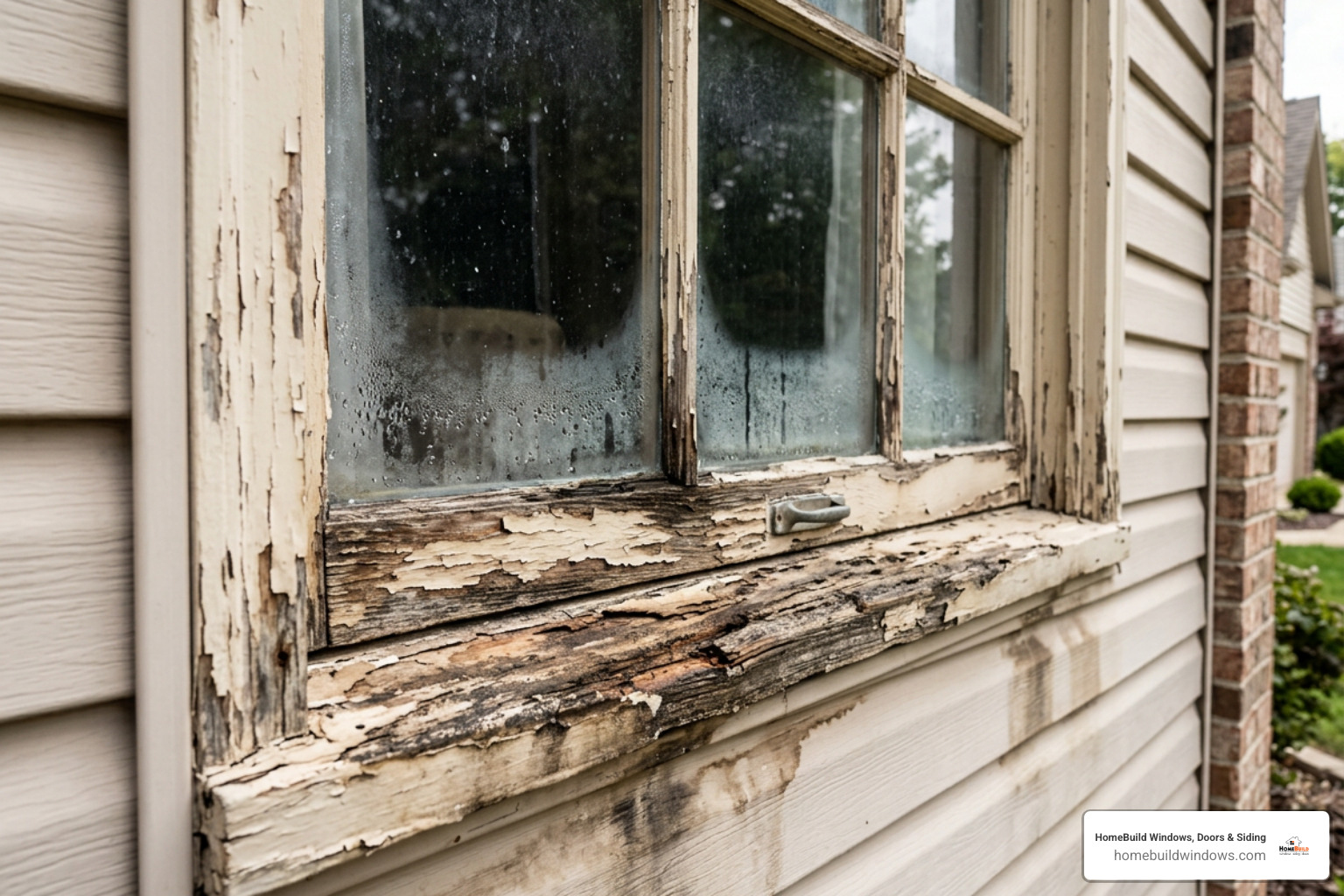 Signs of window failure including condensation and wood rot - new windows Bensenville