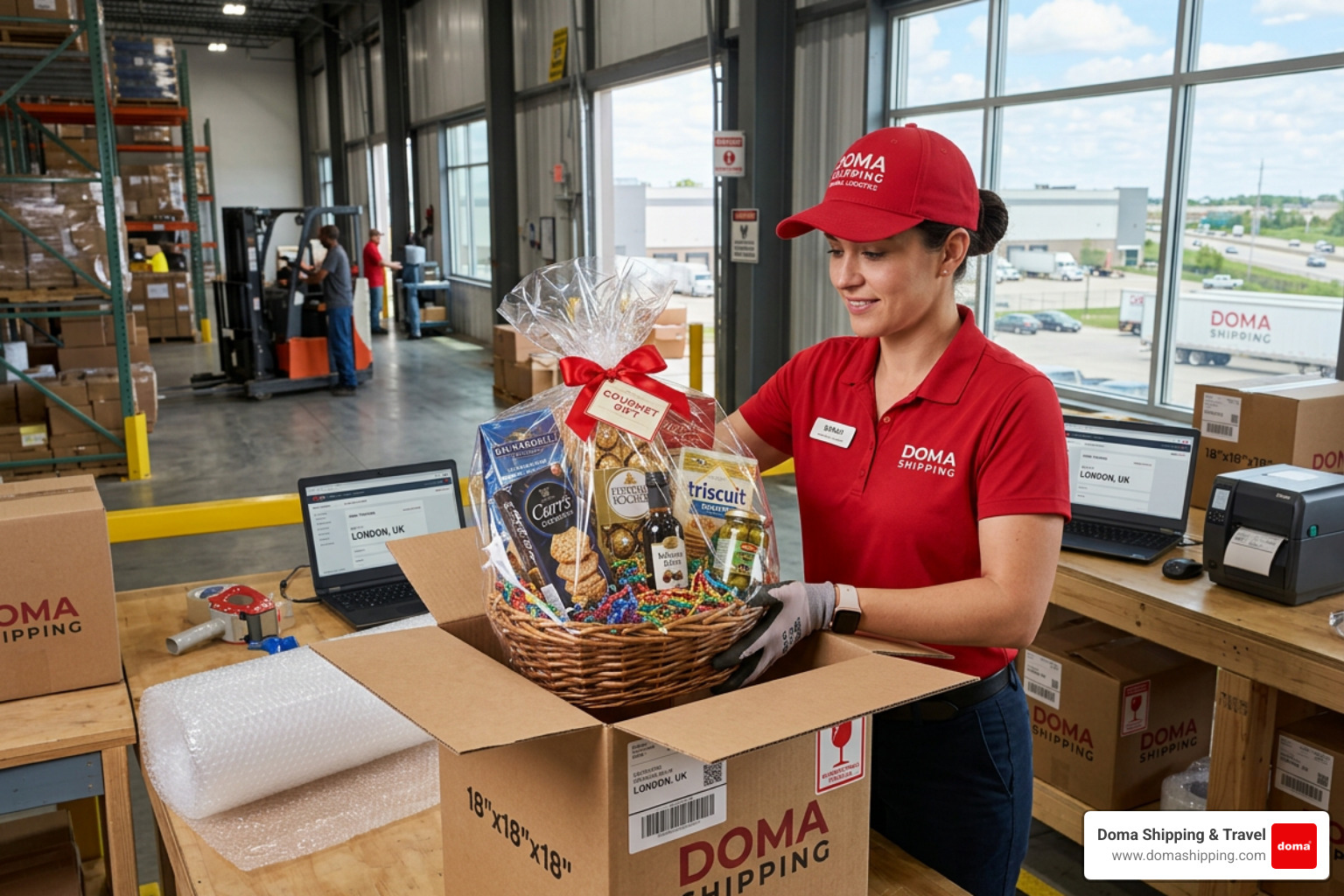 A worker in a red Doma Shipping uniform carefully packing a gourmet gift basket with chocolates and crackers in a Chicago