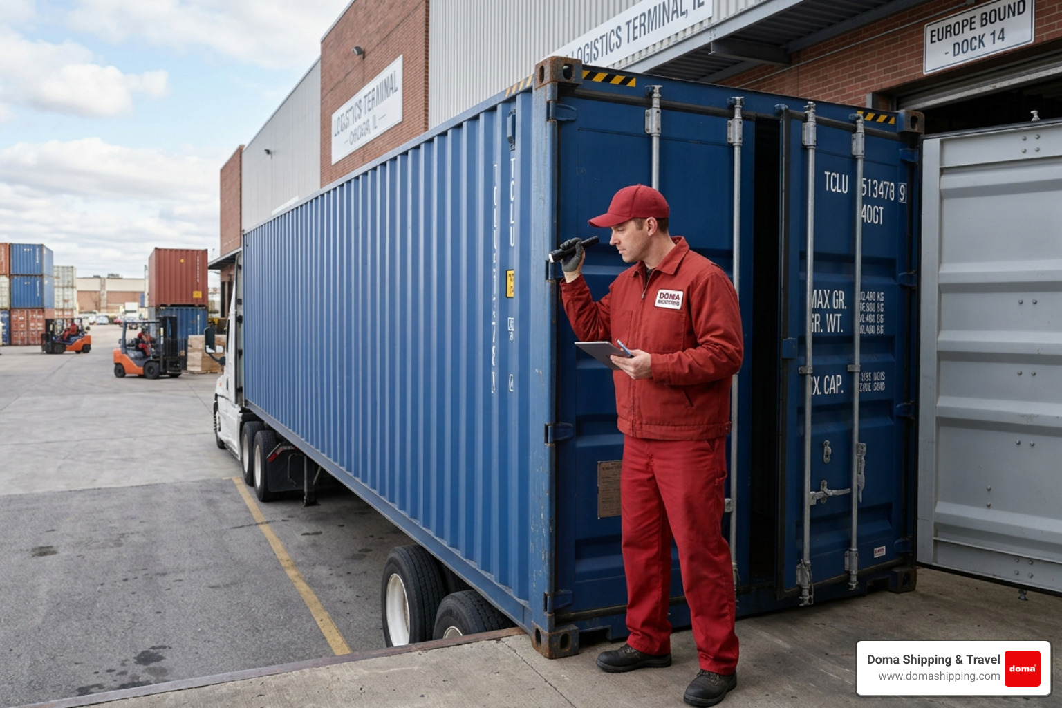 Doma Shipping worker in red uniform inspecting a 40ft shipping container at a Chicago warehouse loading dock - USA Europe Doma Shipping worker in red uniform inspecting a 40ft shipping container at a Chicago warehouse loading dock - USA Europe