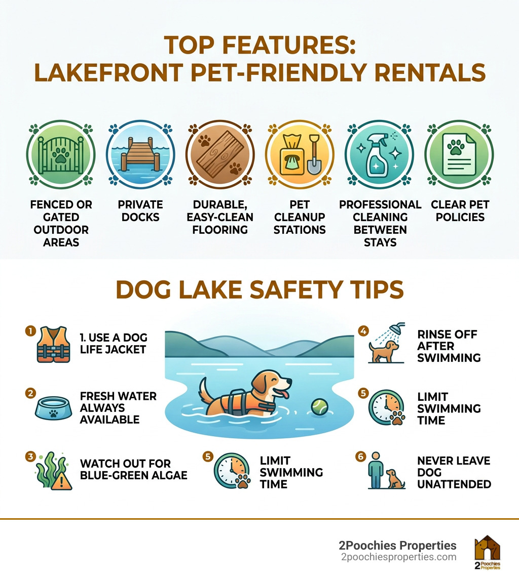 Infographic showing top features of lakefront pet-friendly vacation rentals and dog lake safety tips - lakefront
