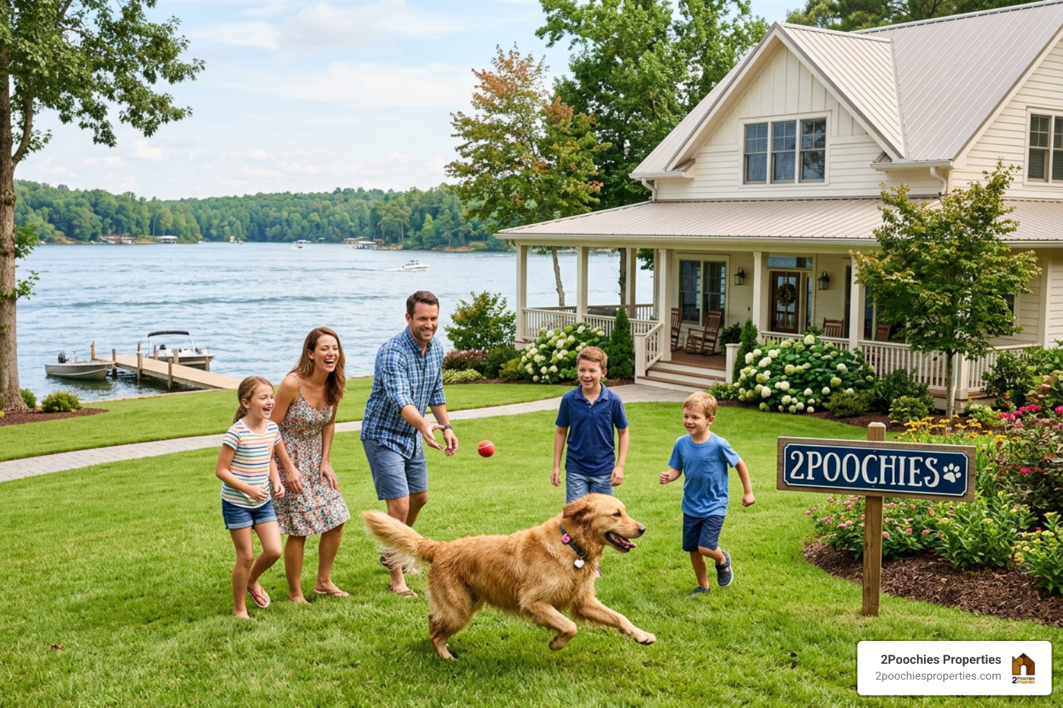 Family playing with their Golden Retriever in a lakefront yard with 2Poochies logo - lakefront pet-friendly vacation rentals