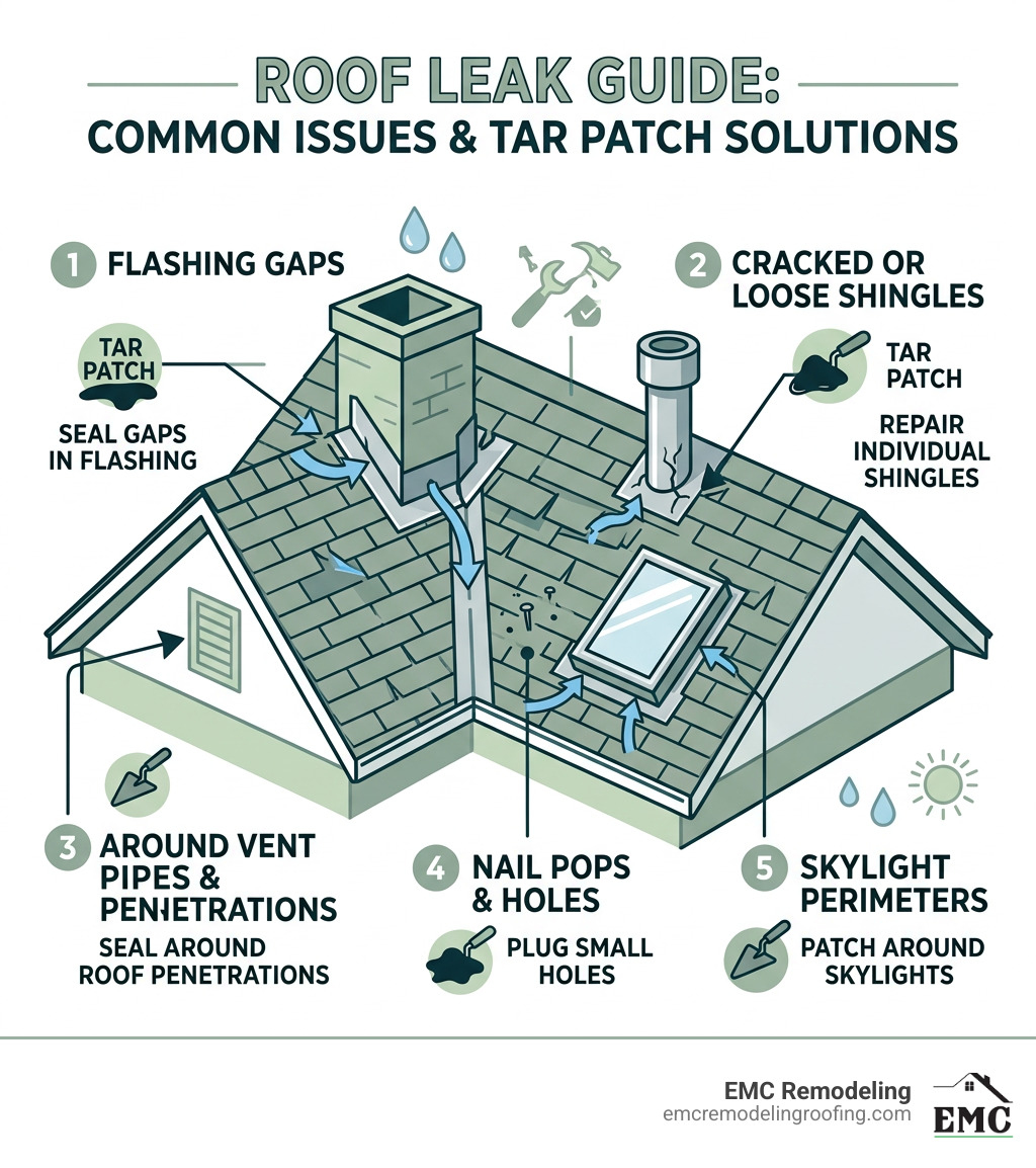 Common roof leak locations, entry points, and where to apply roofing tar patch - roofing tar patch infographic 