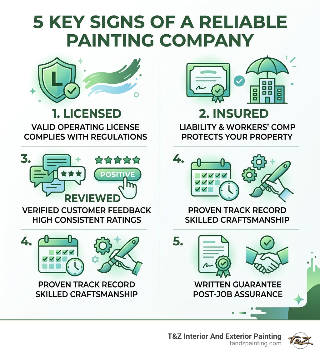 Checklist infographic: 5 key signs of a reliable painting company — licensed, insured, reviewed, experienced, warrantied