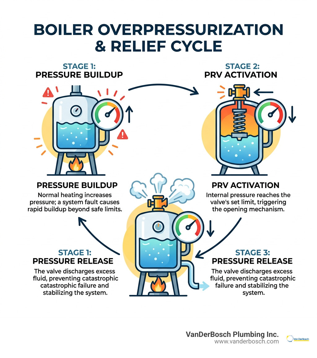 Boiler overpressurization cycle showing pressure buildup, PRV activation, and pressure release - Boiler relief valve Boiler overpressurization cycle showing pressure buildup, PRV activation, and pressure release - Boiler relief valve