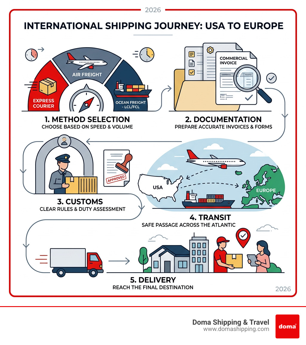 Infographic showing the international shipping journey from USA to Europe: method selection, documentation, customs Infographic showing the international shipping journey from USA to Europe: method selection, documentation, customs