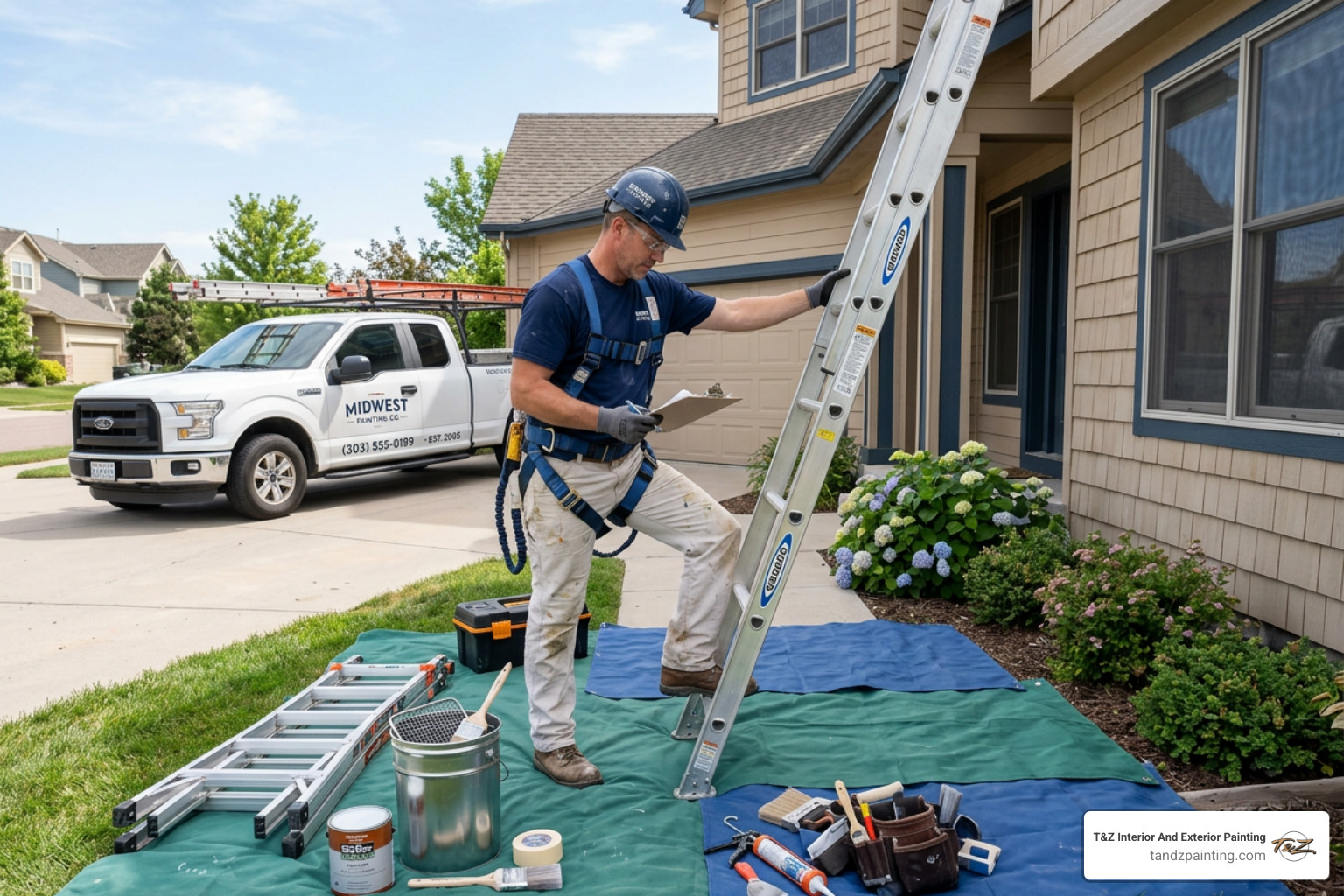 Professional painter verifying safety equipment and job site setup - Reliable painting company
