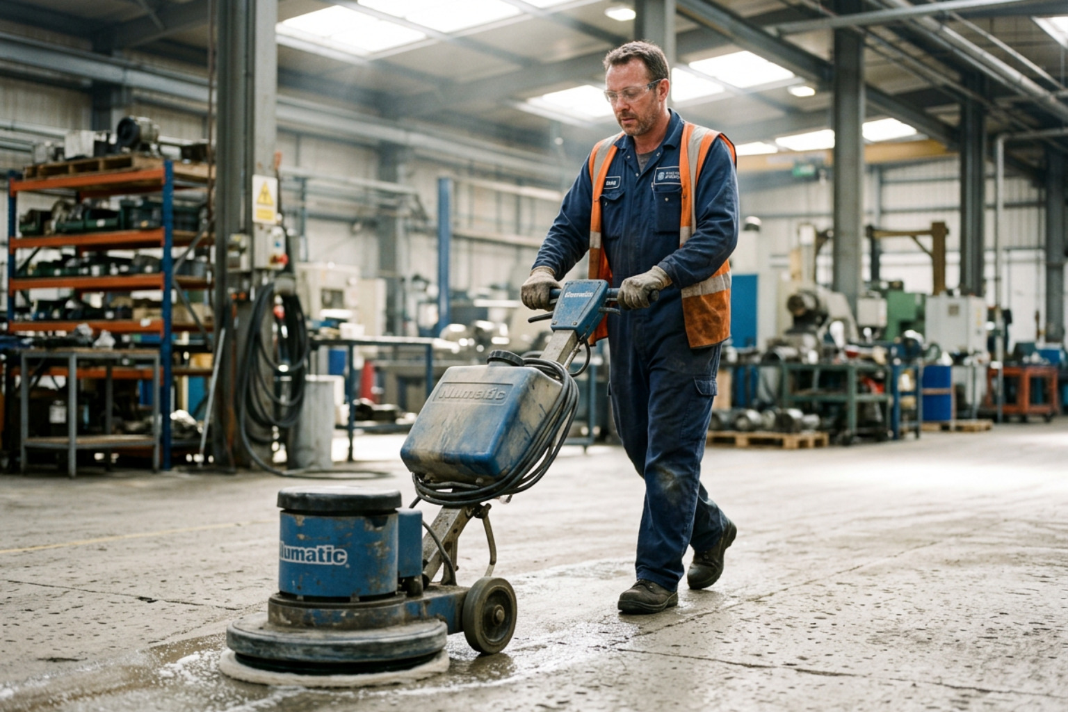 technician performing floor maintenance in a brightly lit industrial facility - commercial facilities cleaner