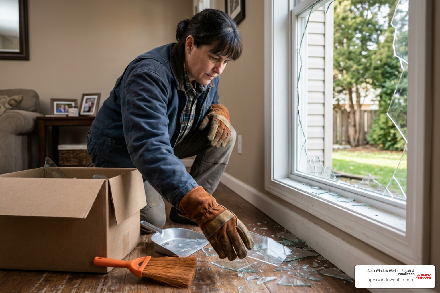 person wearing heavy-duty gloves clearing glass - broken window emergency person wearing heavy-duty gloves clearing glass - broken window emergency