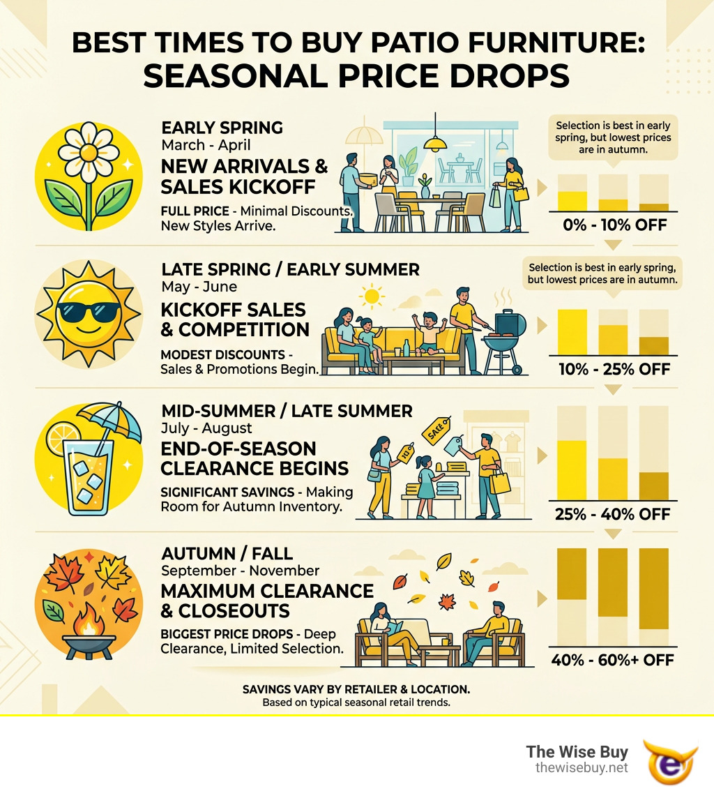 Infographic showing best times of year to buy patio furniture with price drop percentages by season - cheapest patio