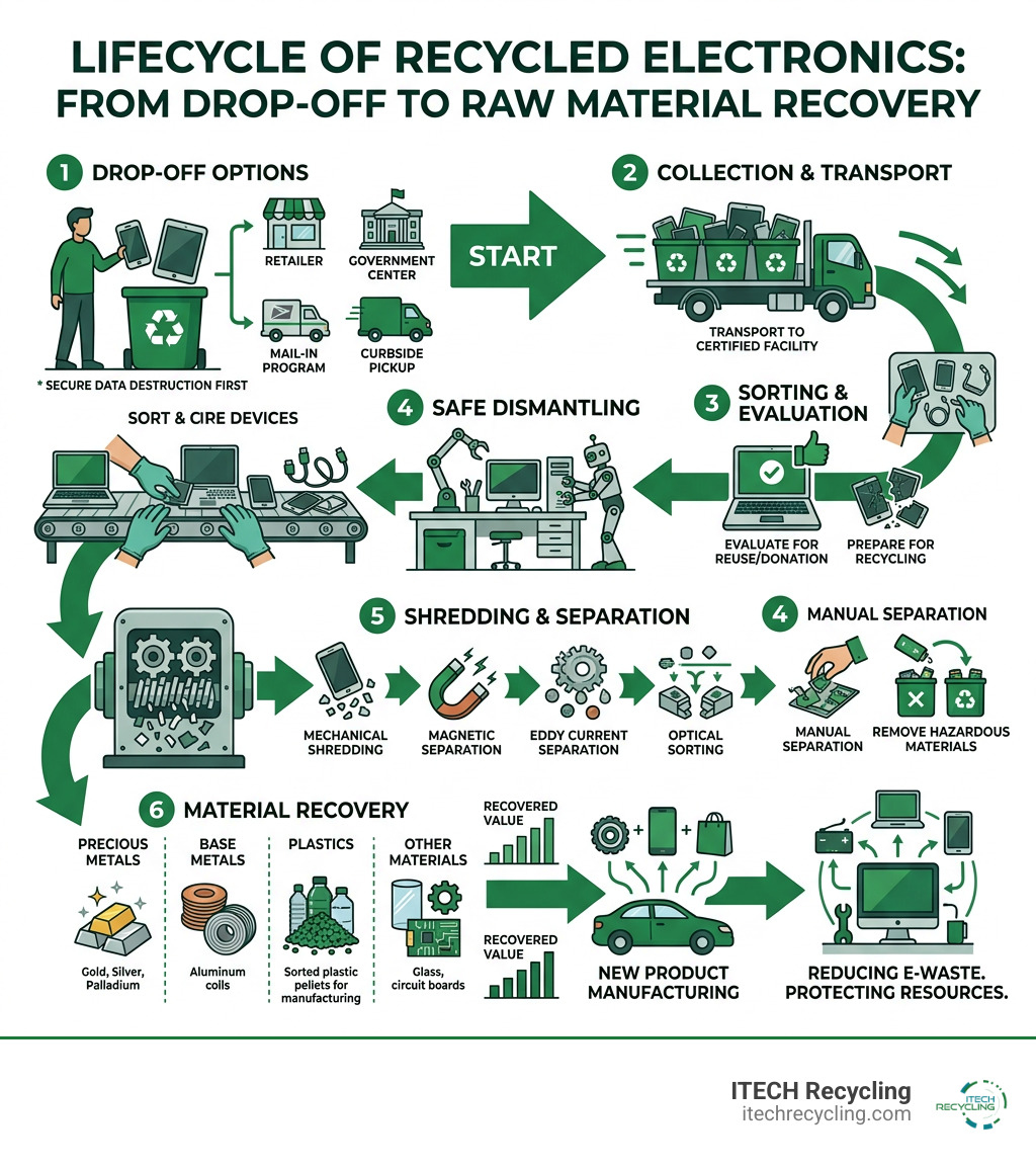 Lifecycle of recycled electronics from drop-off to raw material recovery infographic - Old electronics recycling infographic 