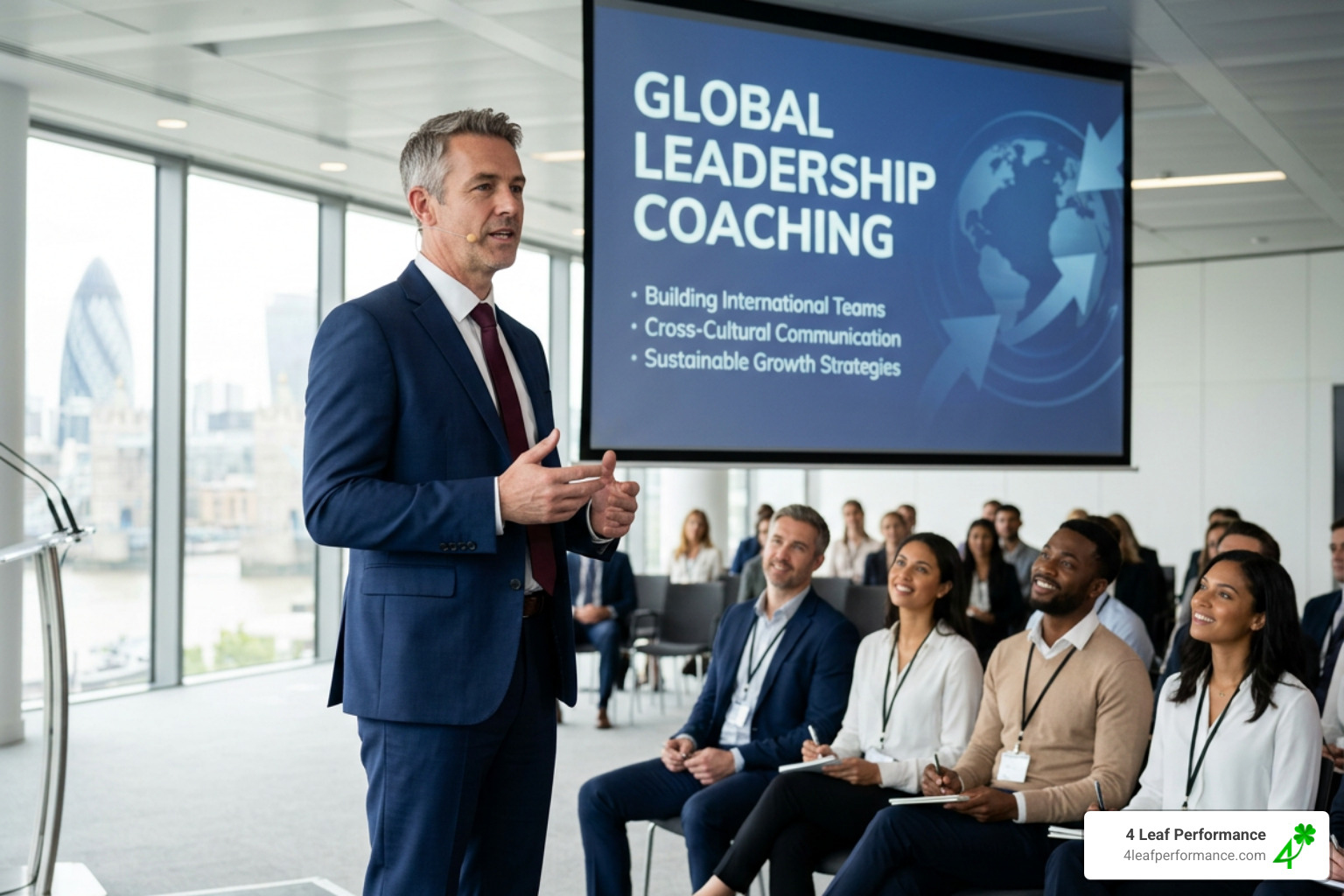A business owner looking at a world map and thinking about growth - Global leadership coaching