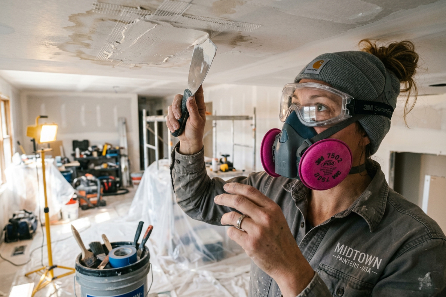 professional painter wearing a P100 respirator and safety goggles on a job site - Drywall repair after water damage
