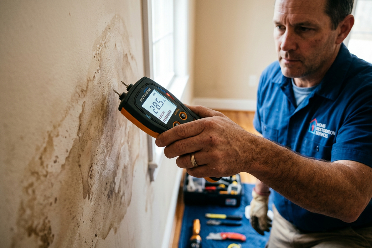 a professional using a moisture meter on a stained wall to check for dampness - Drywall repair after water damage