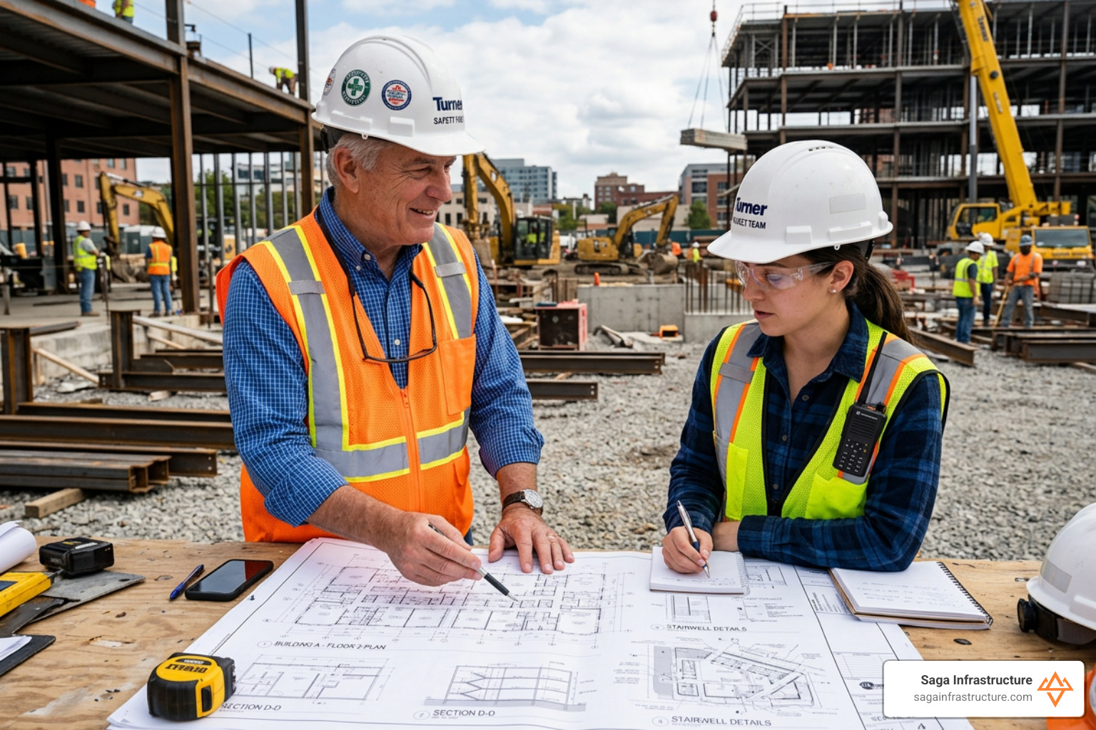 A senior construction executive mentoring a young project manager over a set of site blueprints - succession planning for