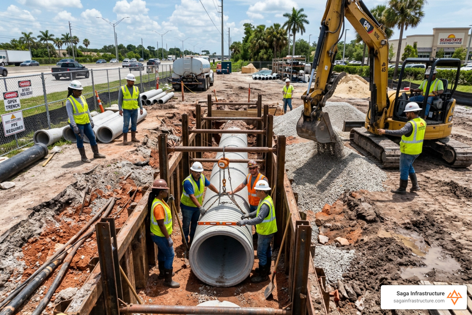 A busy civil construction site in Florida with a diverse team of workers collaborating on a drainage project - succession