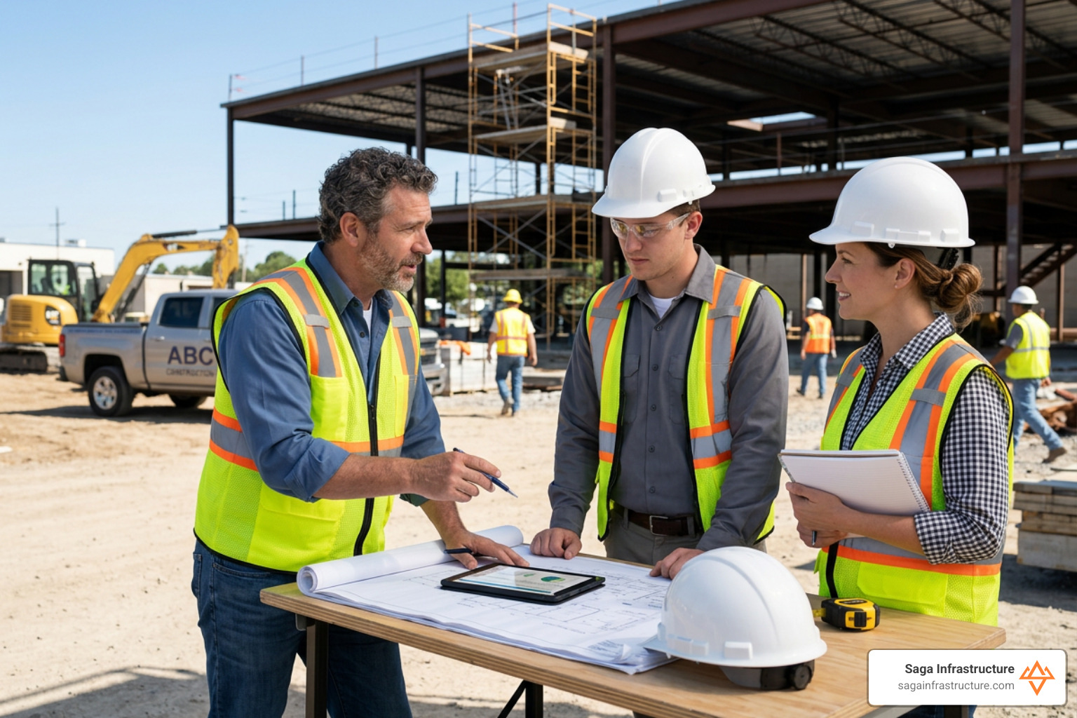 A construction company owner meeting with a CPA and attorney to discuss succession strategy - succession planning for