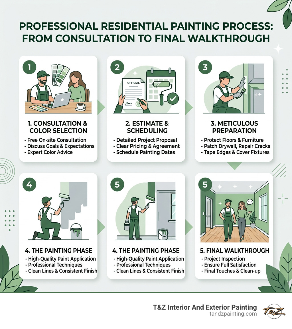 Infographic showing the professional residential painting process from consultation to final walkthrough - residential