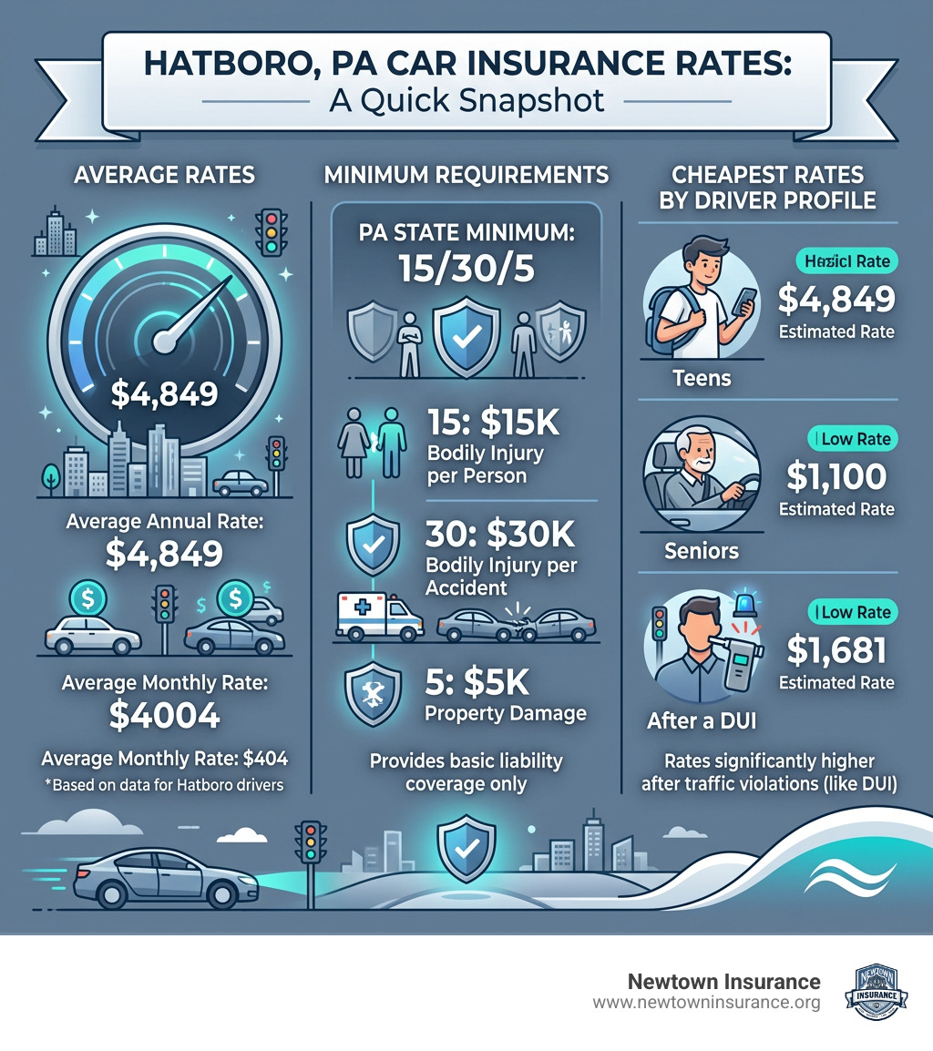 Hatboro PA car insurance rates, averages, minimums, and driver profiles infographic - car insurance hatboro infographic 