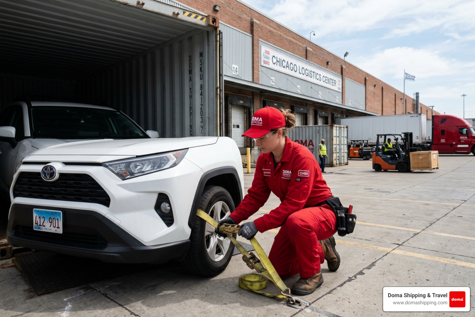 A professional worker in a red Doma Shipping uniform preparing a vehicle for international transport at a Chicago warehouse A professional worker in a red Doma Shipping uniform preparing a vehicle for international transport at a Chicago warehouse
