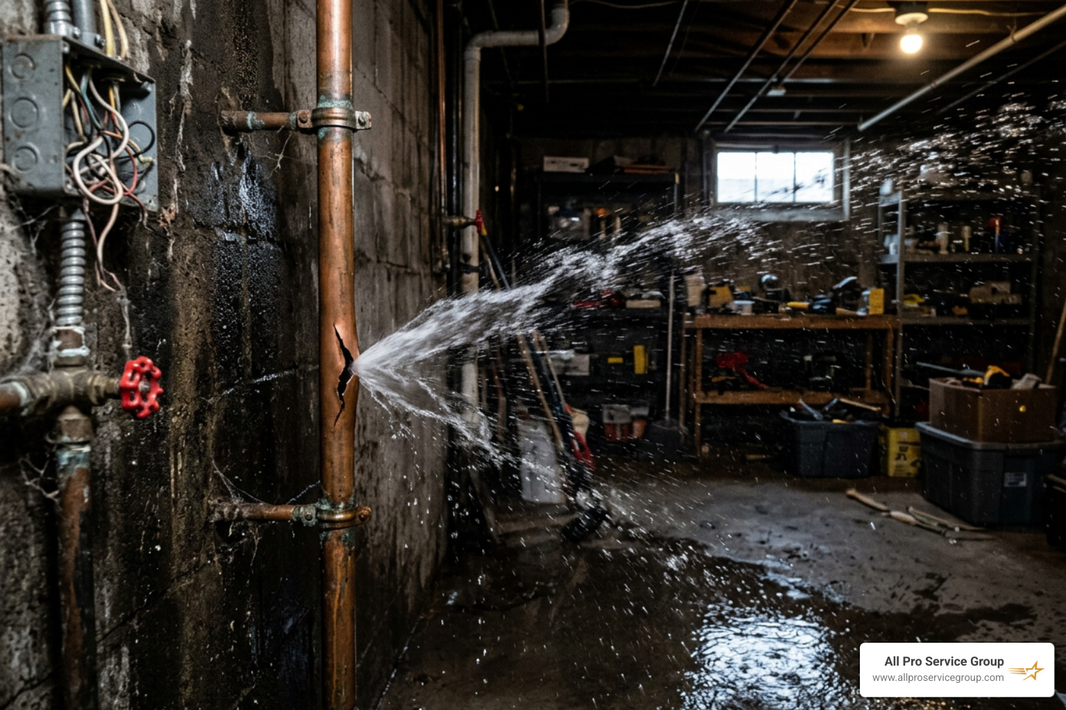 A burst copper pipe spraying water in a dark basement - emergency plumber local A burst copper pipe spraying water in a dark basement - emergency plumber local