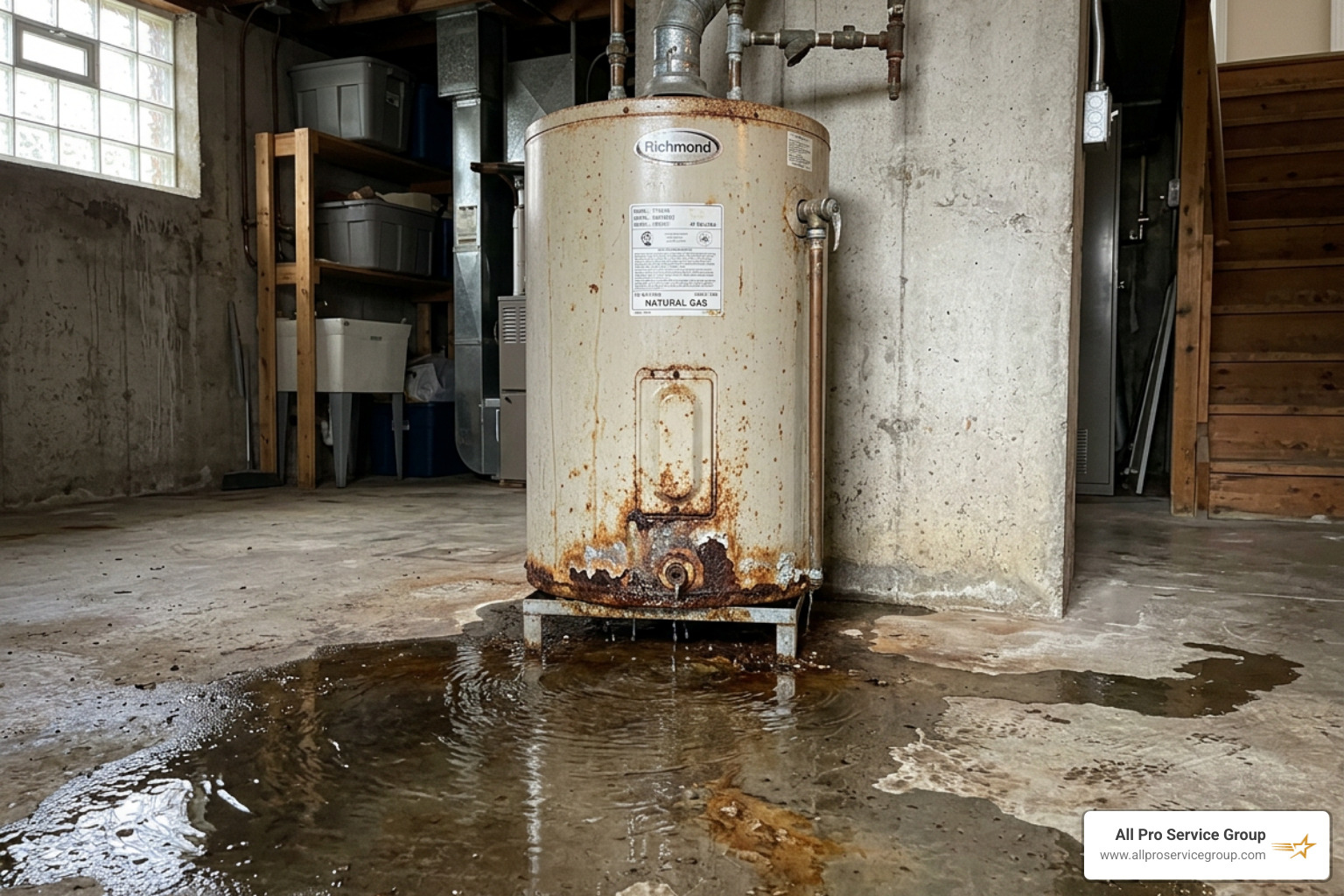 A leaking old water heater with rust spots around the base - water heater install A leaking old water heater with rust spots around the base - water heater install