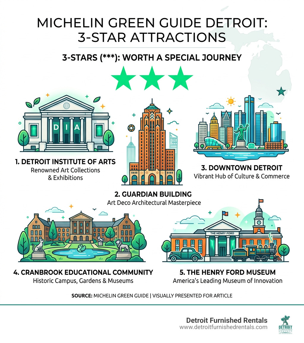 Michelin Green Guide Detroit 3-star rating system for attractions infographic - Michelin guide Detroit infographic 