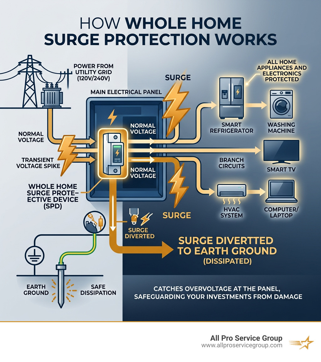 infographic showing how a whole home surge protector diverts transient voltage to earth ground protecting appliances - whole infographic showing how a whole home surge protector diverts transient voltage to earth ground protecting appliances - whole