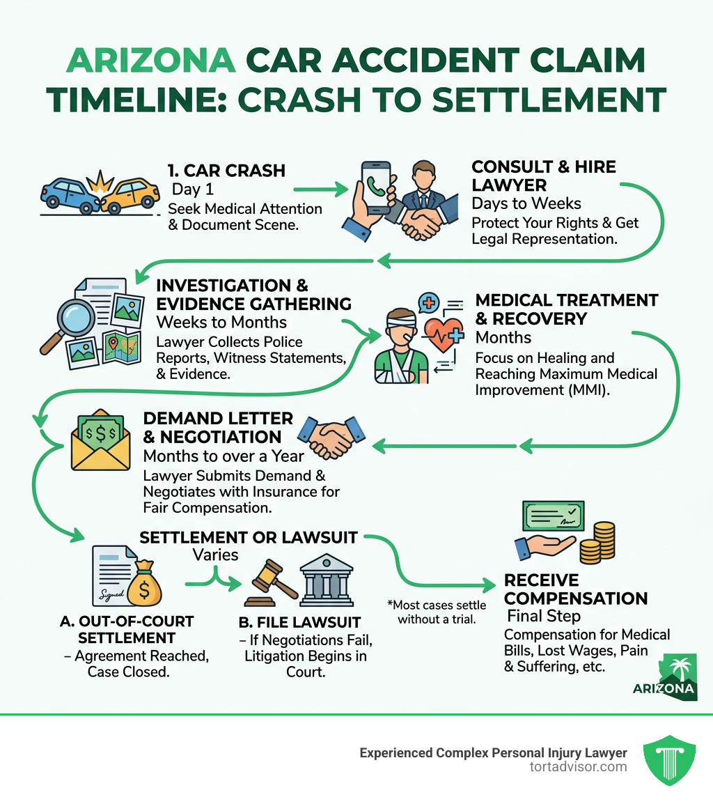 Car accident claim timeline in Arizona from crash to settlement - car accident lawyer phoenix az infographic Car accident claim timeline in Arizona from crash to settlement - car accident lawyer phoenix az infographic