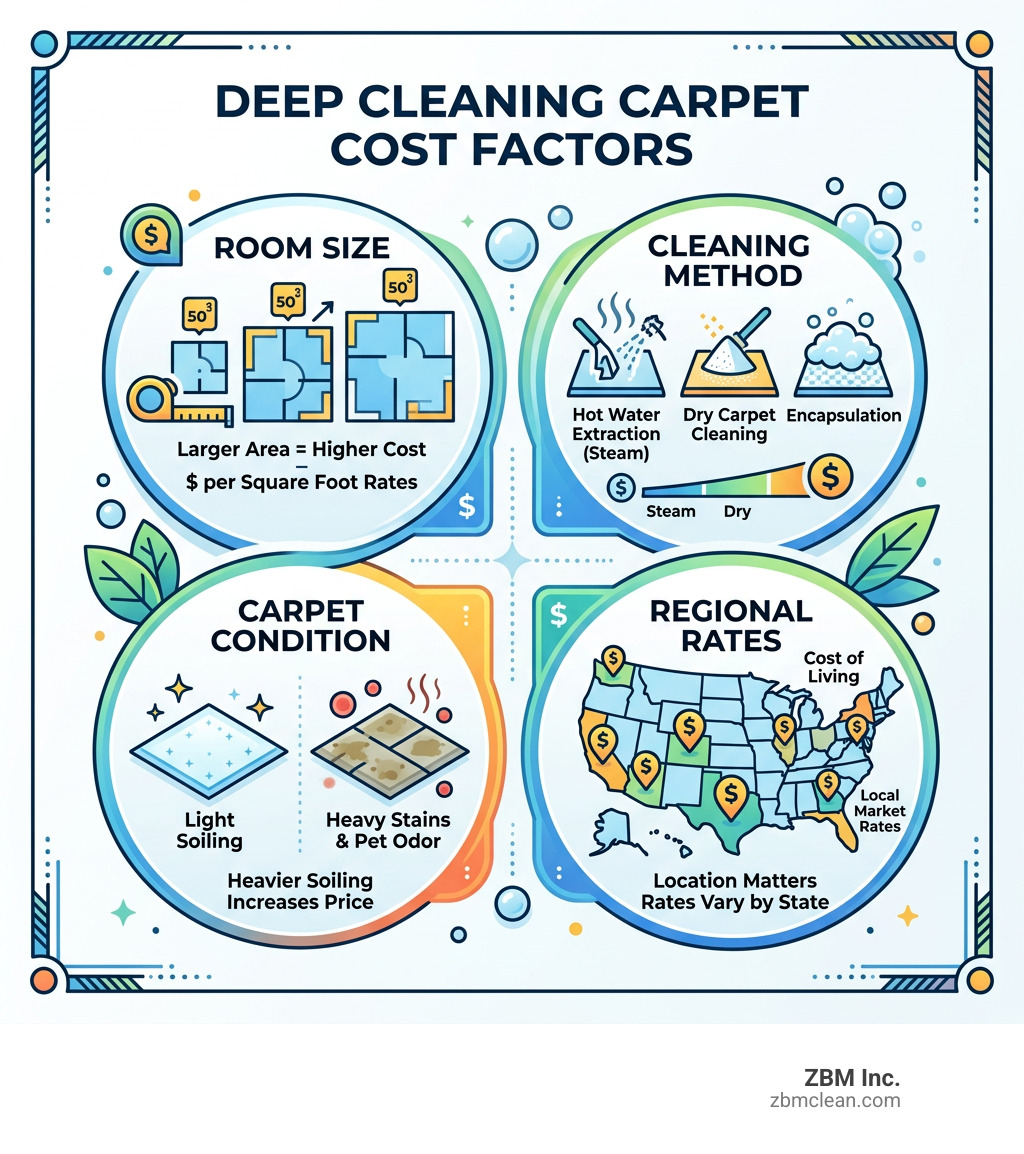 Infographic showing deep cleaning carpet cost factors: room size, cleaning method, carpet condition, and regional rates Infographic showing deep cleaning carpet cost factors: room size, cleaning method, carpet condition, and regional rates
