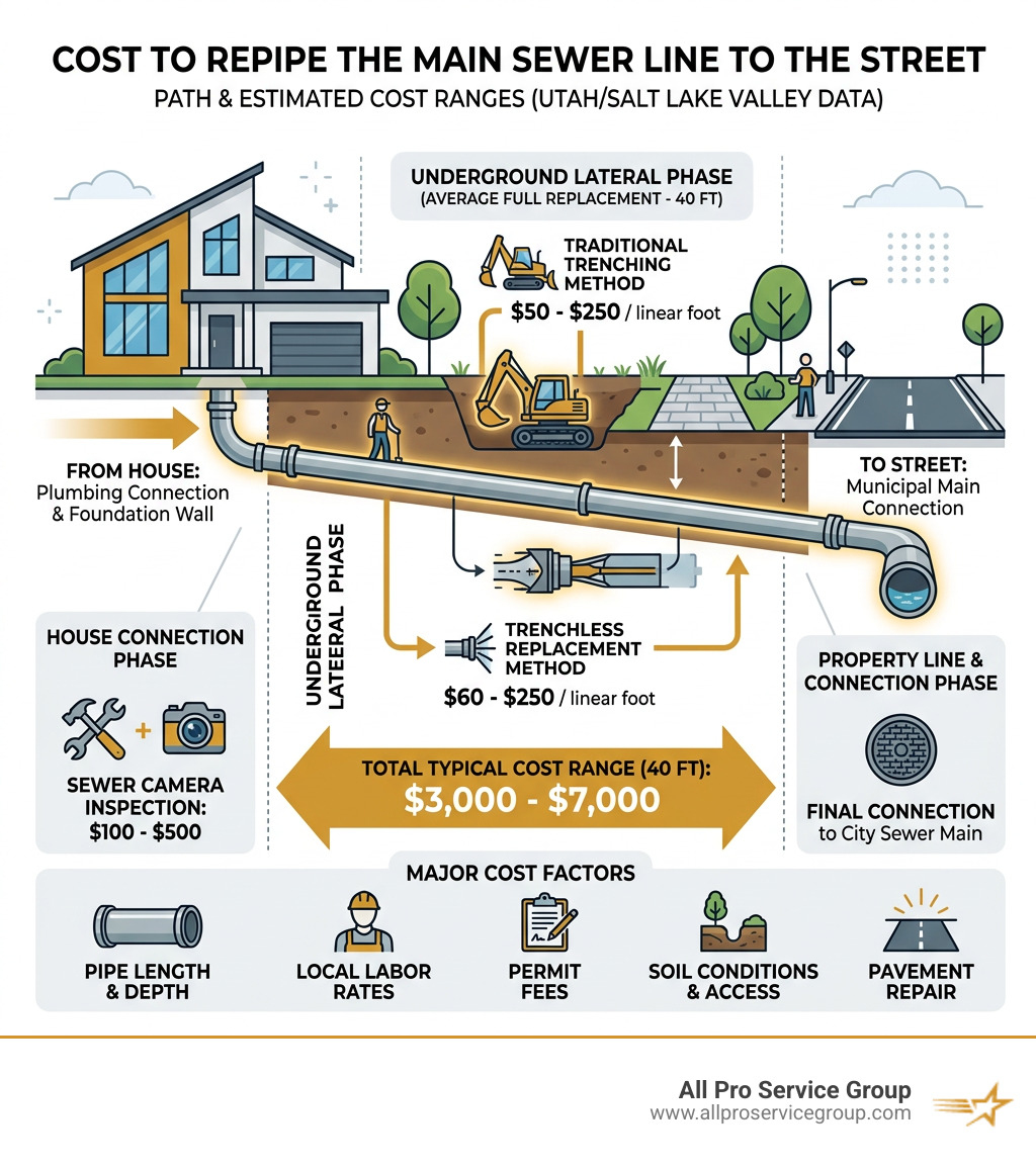 Infographic showing sewer line path from house to street with cost ranges at each stage - cost to repipe the main sewer line