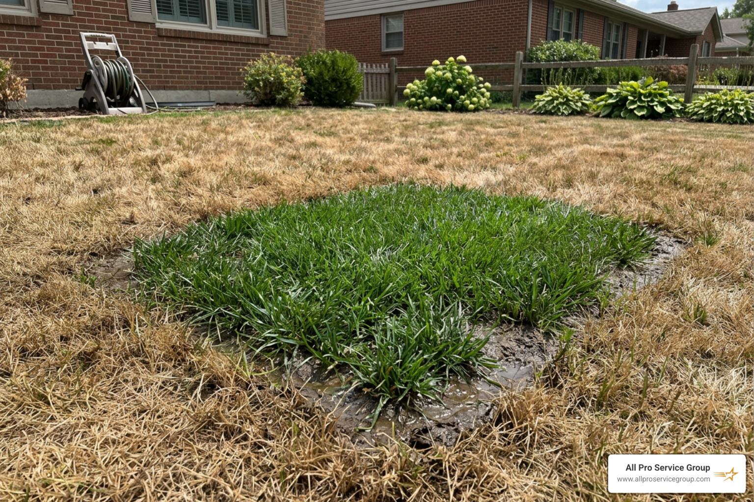 A soggy, oversaturated patch of green grass in an otherwise dry yard - water line repair A soggy, oversaturated patch of green grass in an otherwise dry yard - water line repair