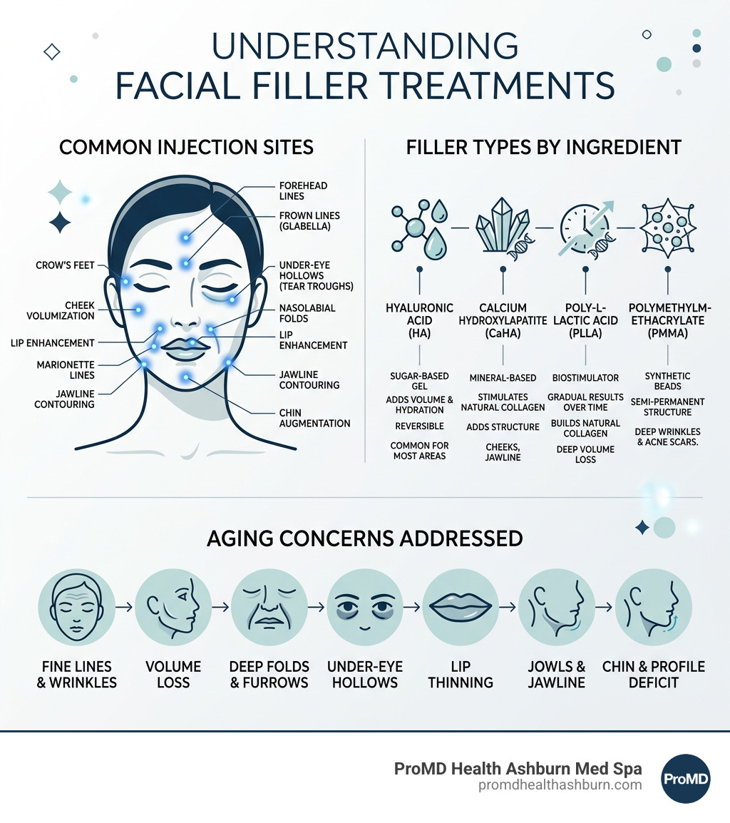 Infographic showing common filler injection sites, filler types by ingredient, and aging concerns addressed - types of Infographic showing common filler injection sites, filler types by ingredient, and aging concerns addressed - types of