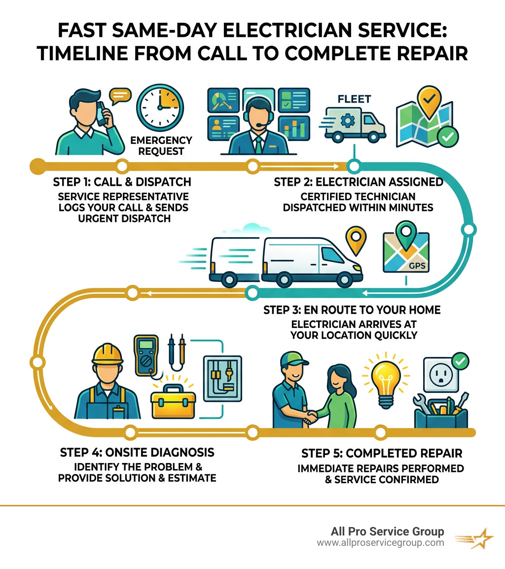 Timeline infographic of a same-day electrician service call from dispatch to completed repair - same day electricians Timeline infographic of a same-day electrician service call from dispatch to completed repair - same day electricians