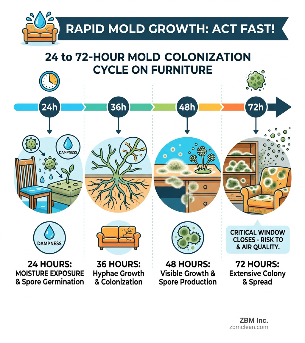 Infographic showing the 24 to 72 hour mold colonization cycle on furniture after water exposure - furniture mold remediation