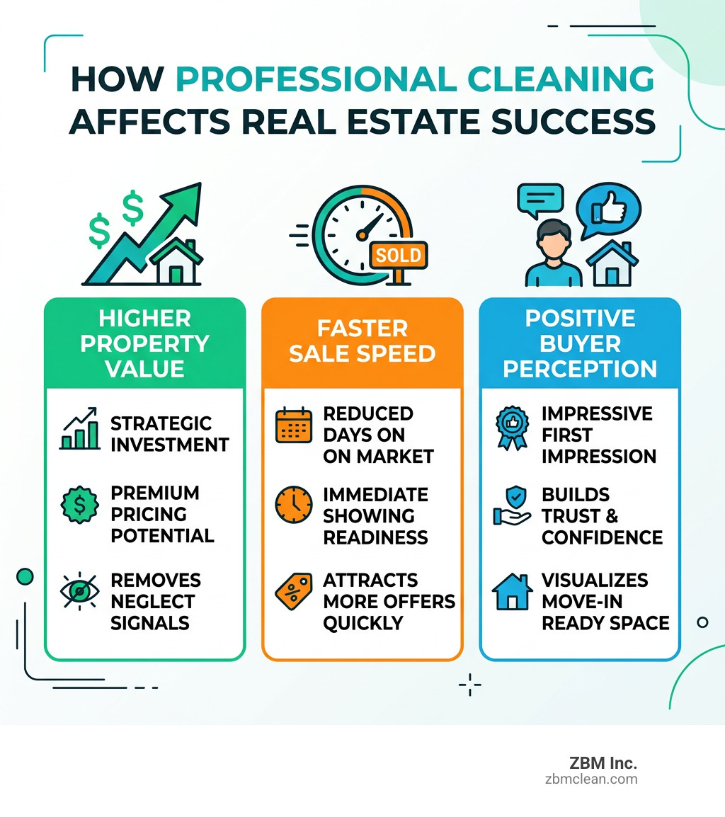 Infographic showing how professional cleaning affects property value, sale speed, and buyer perception - real estate