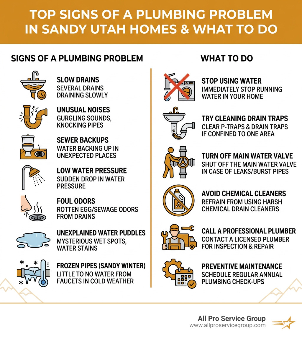 Infographic showing top signs of a plumbing problem in Sandy Utah homes and what to do - plumbers in sandy utah infographic 