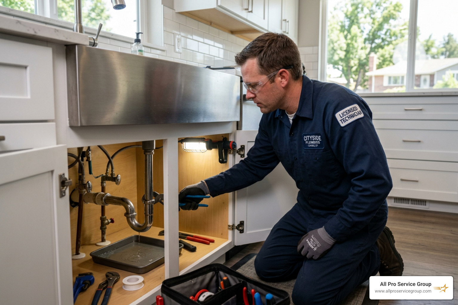 A licensed plumbing technician performing a repair in a Sandy home kitchen - plumbers in sandy utah