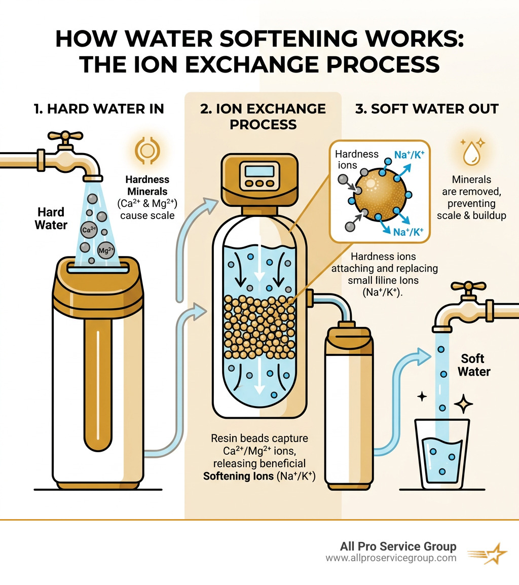 How water softening works: hard water in, ion exchange process, soft water out - installation of water softeners infographic 