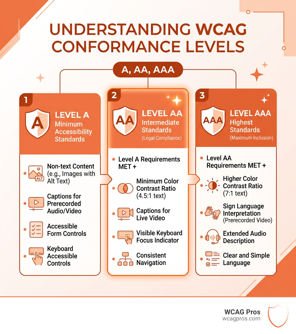 Infographic showing WCAG conformance levels A, AA, and AAA with key requirements for each level - wcag aa standards Infographic showing WCAG conformance levels A, AA, and AAA with key requirements for each level - wcag aa standards