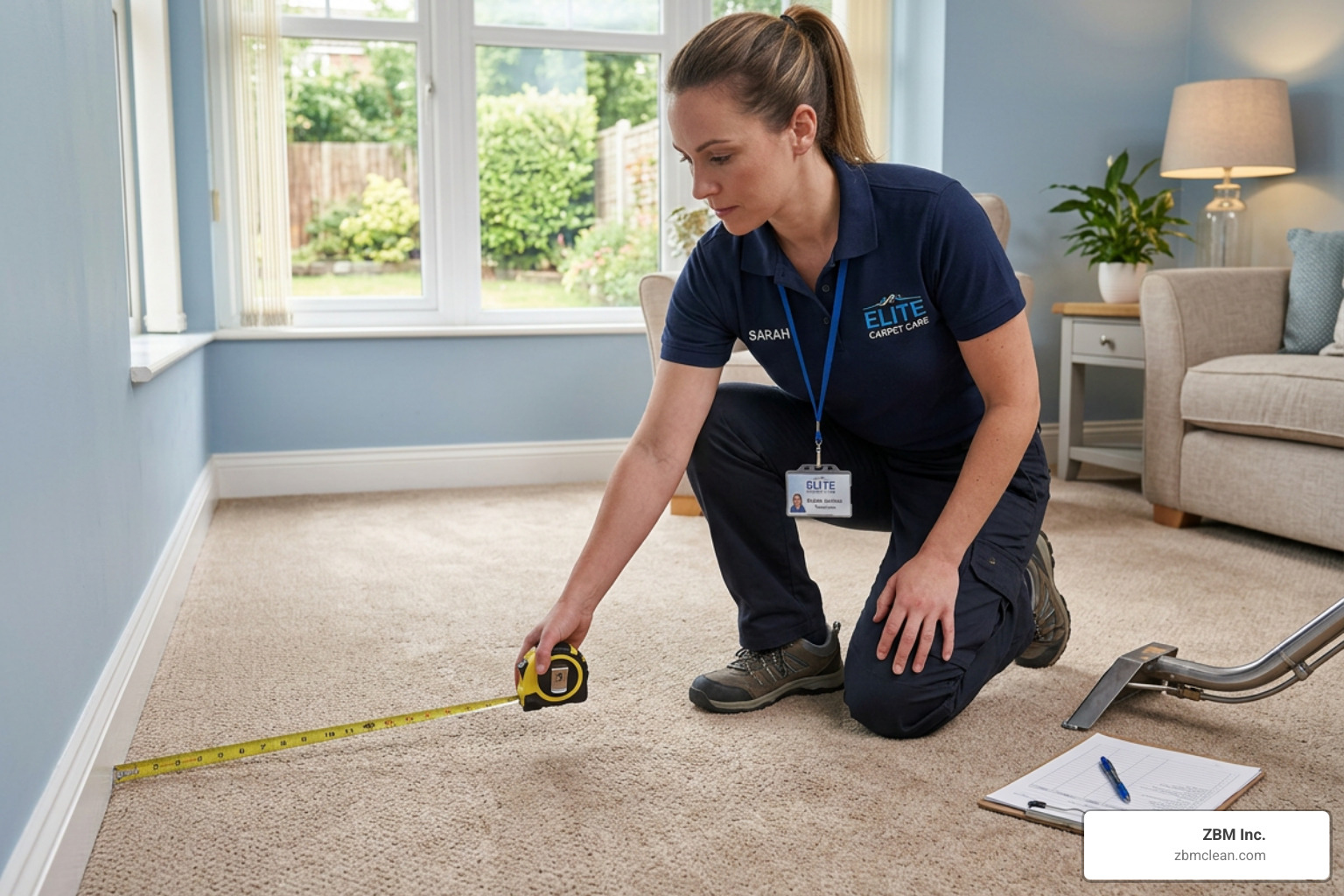 A professional technician measuring a room to provide an accurate carpet cleaning estimate - deep cleaning carpet cost A professional technician measuring a room to provide an accurate carpet cleaning estimate - deep cleaning carpet cost