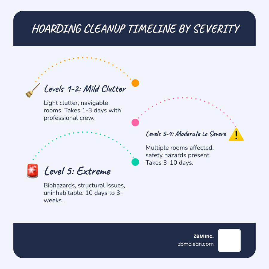 Infographic showing hoarding severity levels and estimated cleanup timelines from Level 1 mild to Level 5 extreme - hoarding Infographic showing hoarding severity levels and estimated cleanup timelines from Level 1 mild to Level 5 extreme - hoarding