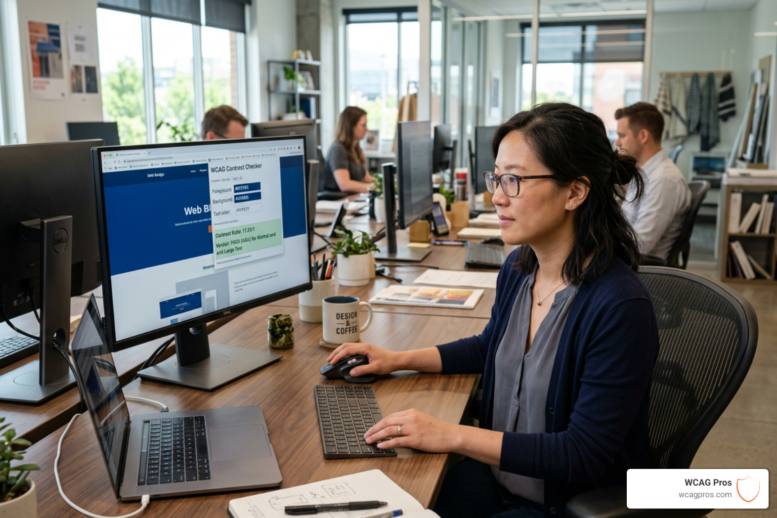 A designer using a color contrast checker to verify text readability - web accessibility evaluation tool A designer using a color contrast checker to verify text readability - web accessibility evaluation tool